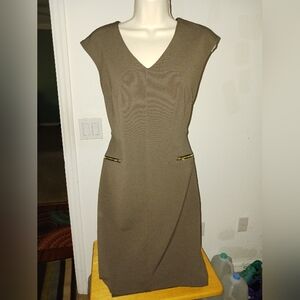 Emma & Michele Taupe Midi Dress with Gold Accents